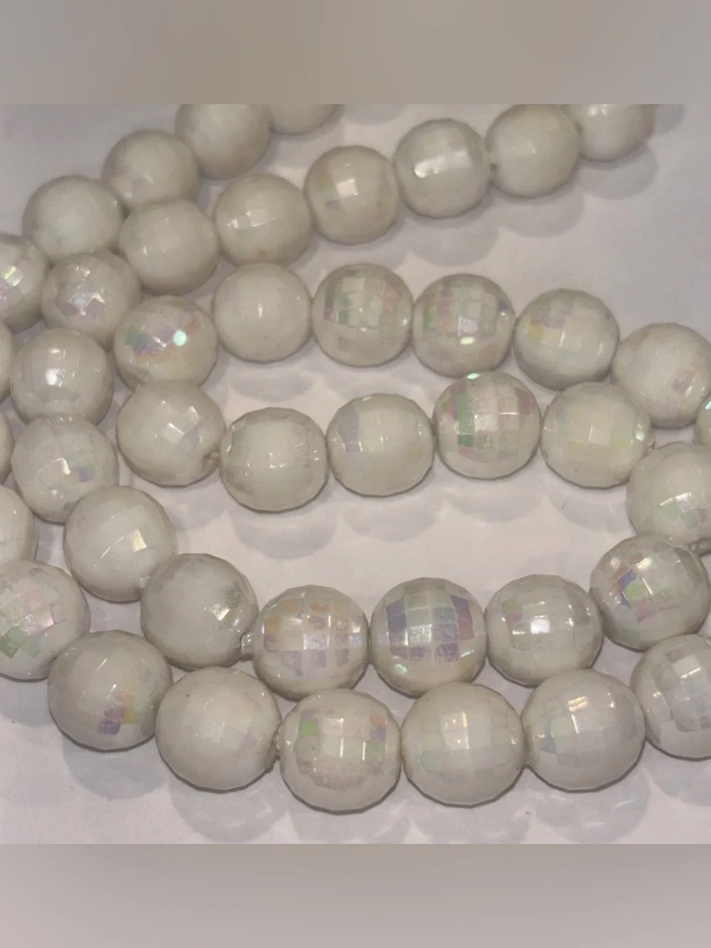 Vintage Made in Austria Iridescent White Beaded Necklace‎ 24” Faceted AB Finish
